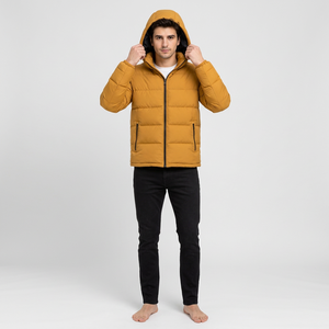 Men's Mustard <b>Yellow</b> Hooded <b>Puffer</b> <b>Jacket</b> Zipper Closure Windproof Thick Polyester Wadding Casual Winter Coat Regular Fit - Product Image 3