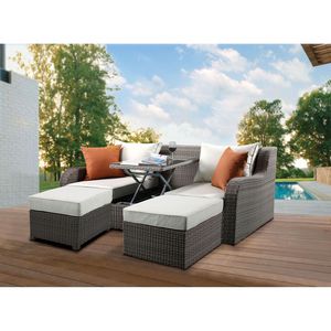 Divano da Patio Salena in Tessuto Beige e Vimini Grigio con 2 Cuscini e 2 Pouf - Product Image 1