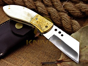 Cuchillo Plegable Hecho a Mano con Mango de Hueso, Cuchillo de Bolsillo Afilado con Funda de Cuero - Product Image 4