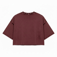 T-shirt surdimensionné à manches longues pour homme, 100 % coton tricoté, délavé à l'acide, effet vieilli, brodé de strass, double couche, grammage lourd