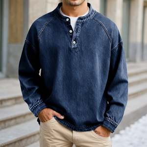 เสื้อโปโลผู้ชายสไตล์วินเทจ คอเฮนลีย์ แขนยาว ติดกระดุม ทรงหลวม สีพื้น ลุคสบายๆ ซักย้อมสีแบบแอซิดวอช ขายส่ง - Product Image 4