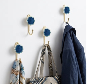 Modern Ceramic Wall <b>Hook</b> with Blue Flower Design Gold Finish <b>Single</b> <b>Hook</b> for Clothing Storage - Product Image 4