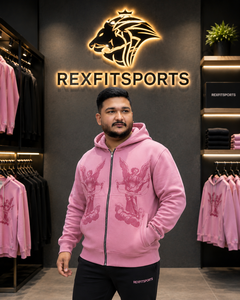 REXFIT SPORTS 2026 Sweat à capuche rose pour homme avec fermeture éclair intégrale et motif, 280-300 GSM, en molleton de coton et polyester, style streetwear, gym, décontracté - Product Image 3