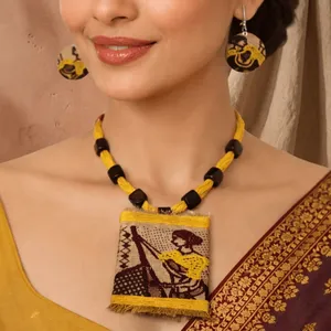 Handmade Luxury Yellow Muga Silk Necklace <b>Set</b> with Artisan Motif Pendant for Bridal or Fine Jewelry Perfect Gift Idea - Product Image 6