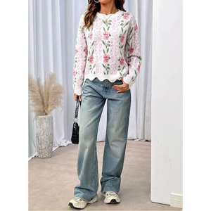 Pull personnalisé pour femme à ourlet festonné, tricot intarsia, imprimé floral et léopard, jacquard, col rond, manches longues, décontracté, hauts d'hiver - Product Image 2