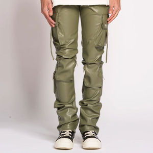 <b>Men's</b> Olive <b>Green</b> PU Coated <b>Cargo</b> <b>Pants</b> Multiple Pockets Elastic Waist Workwear Style Straight Fit Autumn Wear - Product Image 1