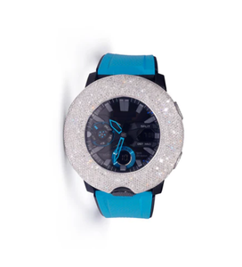 Reloj de lujo para mujer, redondo, de acero inoxidable, con correa de silicona azul y bisel brillante, cronógrafo analógico-digital de 42 mm. - Product Image 1