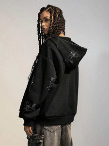 Sweat à capuche noir à coupe classique avec strass pour homme, veste streetwear zippée, motif artistique en cristal, fermeture éclair intégrale, style gothique Y2K, 100% coton, hiver - Product Image 4