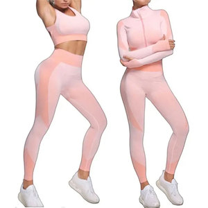 Pink 3 Piece Yoga Set Crisscross Strap Sports Bra Full Length Leggings Seamless <b>Mesh</b> Activewear High Waist Spandex Polyester - Product Image 4