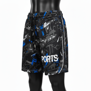 Short de basket-ball pour femme en maille polyester premium, noir, bleu camouflage, tissu sublimé, empiècements latéraux, logo personnalisé. - Product Image 2