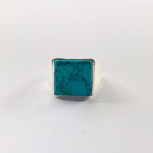 Minimalist 925 Sterling Silver Turquoise <b>Ring</b> <b>Men</b> Smooth Square Gemstone Signet Band Classic Design Jewelry - Product Image 2