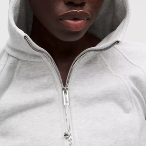 Comfortable Custom Women's Light Gray Full Zip <b>Hooded</b> <b>Fleece</b> <b>Jacket</b> Knitted Cotton Minimalist Athletic Autumn Thumb Hole <b>Jackets</b> - Product Image 3