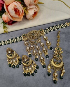 Designer Beaded Choker Necklace <b>Set</b> With Drop Beads Earrings And Mangtika Ethnic Festive Wear Fashion <b>Jewellery</b> <b>Set</b> Manufacturer - Product Image 1
