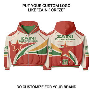 350gsm Woven Cotton/Polyester Brushed <b>Zip</b>-Up Hoodie with Front Custom Logo Embroidery Red/Green/ Panel DTF Print - Product Image 1