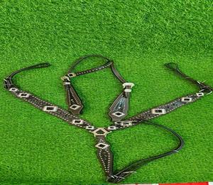 Western horse breast collar <b>leather</b> tack chest <b>harness</b> geometric bead concho stud adjustable strap riding halter gear set - Product Image 2