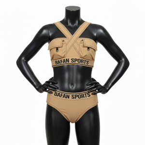 Conjunto de Bikini Premium para Mujer en Poliéster y Spandex GSM, Diseño Beige con Tirantes Cruzados y Paneles, Logotipo Personalizado por Transferencia Térmica - Product Image 1