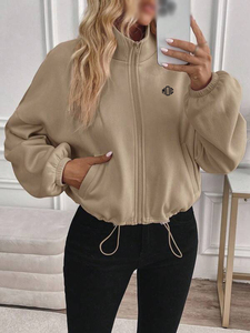 Streetwear Women Sweatshirts Minimalist Brushed Fleece Full Zip Oversized Bomber Jacket Drawcord Hem Custom Logo Hoodies Factory - Product Image 6