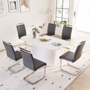 Set di 6 Sedie Senza Braccioli in Stile Moderno Medievale, in MDF e PU, Colore Crema, 63 Pollici Set da Pranzo in Metallo Placcato Argento da Assemblare per Sala da Pranzo - Product Image 4