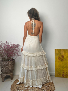 Boho Halter Neck Tiered Maxi Dress Women Sexy Backless Deep V-Neck for White Cotton Gauze Beach Sundress Smocked Waist Modern - Product Image 2