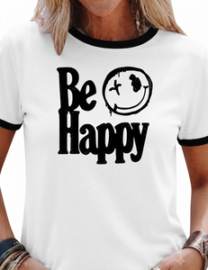 Women's Summer Casual Short Sleeve Ringer T-Shirt White Black Contrast Trim Crew Neck Be Happy for Face Graphic Print 100% - Product Image 5