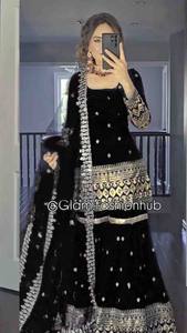 Ensemble Kurta Palazzo Dupatta brodé noir pour femmes, costume de mariage ethnique traditionnel - Product Image 2