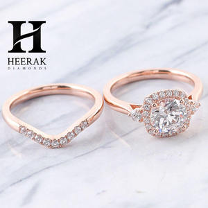 Classic Round Cut Diamond Engagement <b>Ring</b> Two Piece <b>Set</b> Cushion Halo Solitaire With Curved Pave Band For Women - Product Image 2