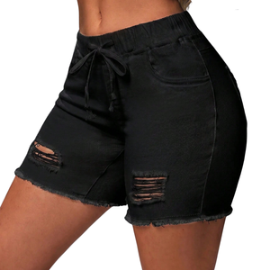 Womens Mid <b>Waist</b> Black Denim Shorts Washed Drawstring <b>Elastic</b> <b>Waist</b> Distressed Ripped Casual Stretch Summer Everyday Style 6XL - Product Image 3