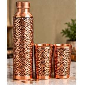 Ensemble de bouteilles d'eau en cuivre sans soudure avec 2 tasses, motif Arbre de Vie, gourde noire avec couvercle - Product Image 5