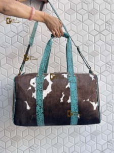Bolsos de equipaje de cuero de vaca real, bolso hecho a mano de usos múltiples, bolso de viaje Unisex, tamaño grande, Color turquesa, pelo en Bolso de piel oculta - Product Image 5