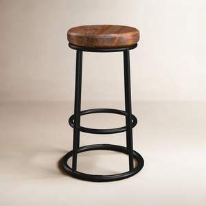 Artisan Crafted Wooden Iron Stool Featuring <b>Rustic</b> Industrial Design For Modern <b>Home</b> Kitchen Bar Seating <b>Decor</b> - Product Image 4