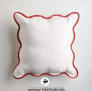 INDIAN TEXTILES H/L Cotton <b>Square</b> Throw Pillow Cover Solid White Red Scallop <b>Edge</b> Minimalist Design Washable Envelope Closure - Product Image 1