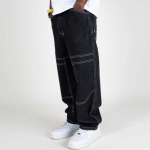 Jean en denim de coton noir pour homme, coupe droite, taille mi-haute, coupe régulière, décontracté, style urbain, écologique, respirant, couleur unie, automne - Product Image 3