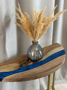 Azure Crescent Epoxy <b>Console</b> <b>Table</b> Handcrafted Walnut Wood Living Room Furniture with <b>Gold</b> Frame Modern Luxury Durable Live Edge - Product Image 3