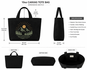 Sac fourre-tout en toile noire avec imprimé soleil de montagne, design minimaliste, sac de shopping et de voyage toutes saisons, fermeture personnalisée - Product Image 2