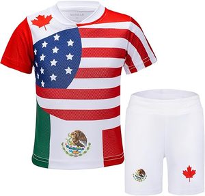 Conjunto de Camiseta con Bandera de Estados Unidos, México y Canadá, Pantalones Cortos Blancos, Rojos y Azules, Ropa Deportiva de Poliéster para Niños, Atuendo Ligero para el Día Nacional - Product Image 1