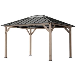 Gazebo con Tetto Rigido in Noce Chiaro 10x12, UPF50+, Padiglione Permanente in Legno, Tetto in Acciaio Zincato, Pergola con Tetto Trasparente - Product Image 1