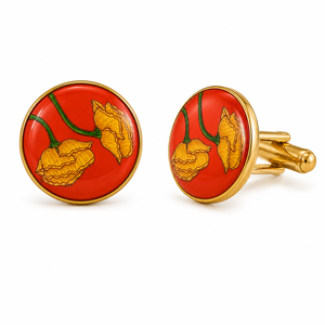 Boutons de manchette en laiton émaillé faits à la main, design tulipe jaune, base rouge, finition dorée, marque Mayrabygungun pour hommes, mariage, formel - Product Image 1