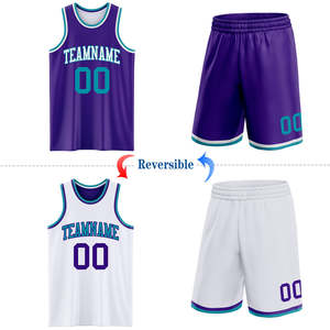 Ensemble d'uniformes de basketball réversibles en gros, maillot d'équipe violet personnalisé par sublimation, short blanc en maille respirant, vêtements de sport d'usine - Product Image 2