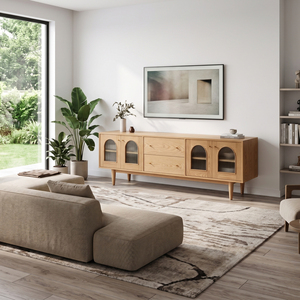 Meuble TV moderne en bois, console multimédia nordique, buffet avec porte vitrée pour salon - Product Image 1