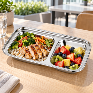 Plateau de service alimentaire en acier inoxydable à 2 compartiments, assiette rectangulaire pour cantine scolaire, dortoir, cantine - Product Image 5