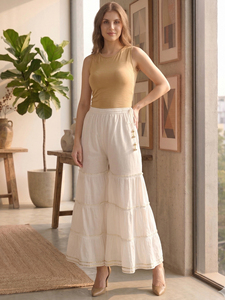Sharara de Algodón Cambray Blanco, Ropa Étnica Formal, Cómoda para Uso Diario, Moda Tradicional, Estampado Floral de Verano, Ecológica - Product Image 5