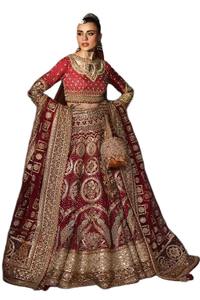 Premium Pakistani Bridle Dress Deep Maroon <b>Red</b> Velvet <b>Silk</b> Bridal Lehnga Choli With Heavy Gold Zardosi Embroidery Handcrafted - Product Image 6