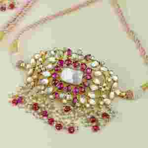 Premium Bridal White <b>Pink</b> Gold Plated Link Chain Handmade Natural Stone Kundan Haar <b>Necklace</b> for Women Ethnic Party Jewelry - Product Image 1