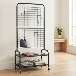 Étagère de rangement minimaliste en métal avec panneau grillagé, organisateur de chaussures à double niveau pour l'entrée, rangement pour manteaux et casquettes - Product Image 1