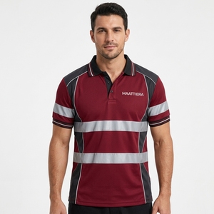 <b>Mens</b> Burgundy <b>Black</b> Reflective Safety <b>Polo</b> <b>Shirt</b> Short Sleeve Contrast Panel Workwear Custom Wholesale Manufacturer Supplier - Product Image 1