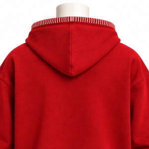 Sweat-shirt à capuche surdimensionné décontracté avec bordure cousue rouge, effet vieilli, surpiqûres contrastées et poche kangourou, coupe décontractée - Product Image 3