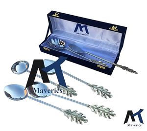 <b>Silver</b> Plated <b>Tea</b> Spoons <b>Set</b> With Leaf Handle Mirror Finish Long Handle Modern Design - Product Image 5