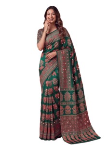 Green Digital Print Ajrak <b>Saree</b> With <b>Red</b> Motifs For Women Traditional Indian Wedding Wear Silk Fabric Floor Length Sari - Product Image 2