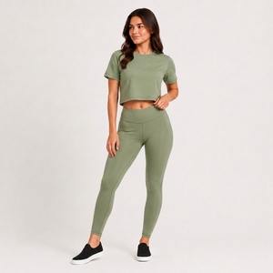 Stylish High Waist Stretch Leggings with Classic <b>Crop</b> T Shirt Comfortable Active Lifestyle Clothing for Women - Product Image 1
