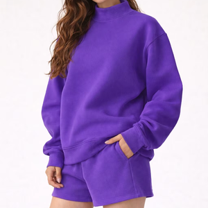 Premium Women's Winter Streetwear Solid Mockneck Fleece Sweatshirt Shorts Set Breathable Eco-Friendly Quick Dry Wholesale Cheap - Product Image 1